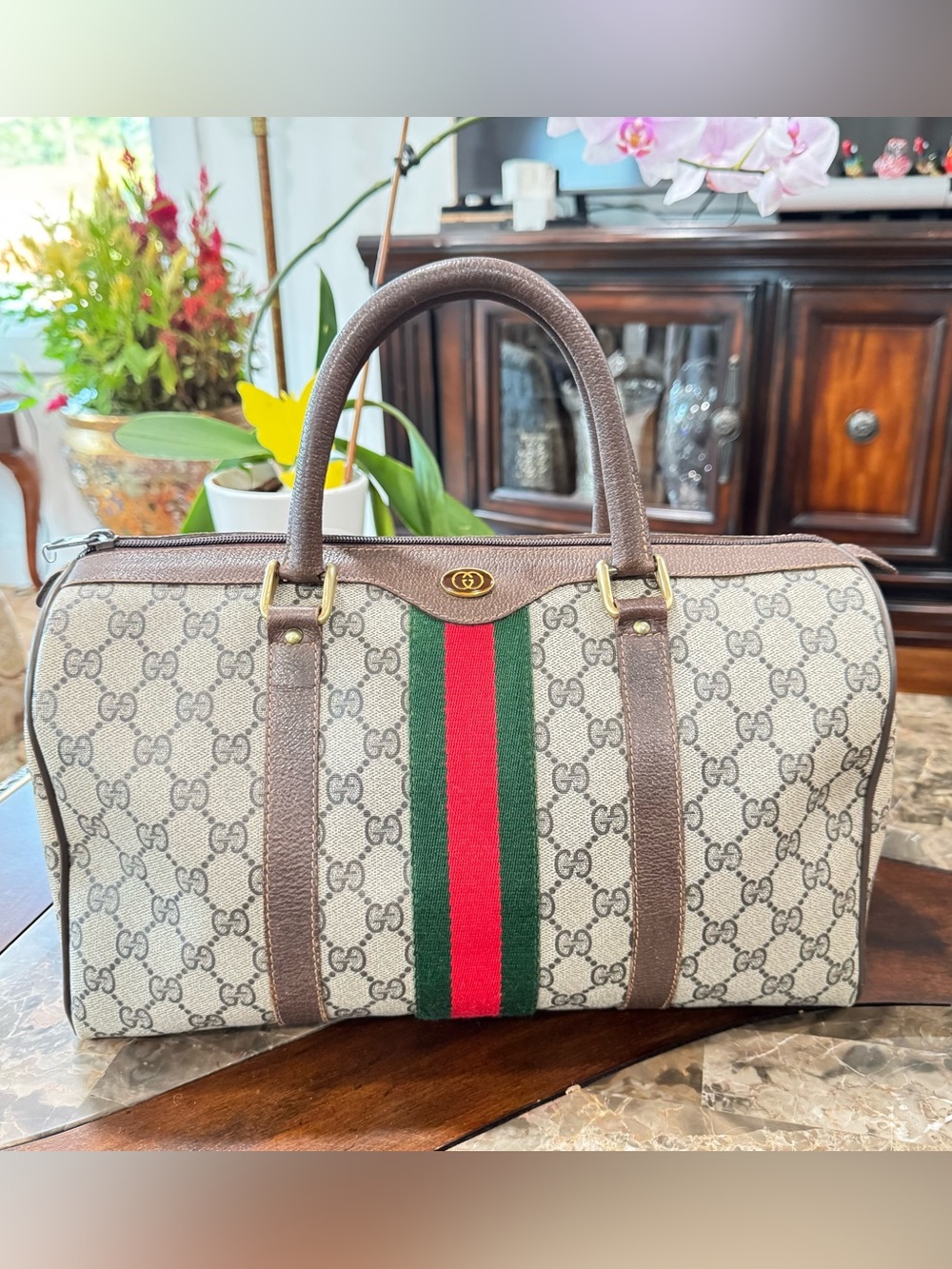 Vintage Gucci Boston GG Web Canvas Sherry Line handbag